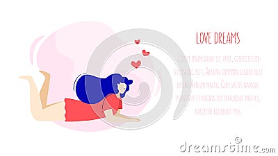 Illustration with dreaming girl, hearts and text field. Romantic card in trendy flat linear style. Vector Vector Illustration