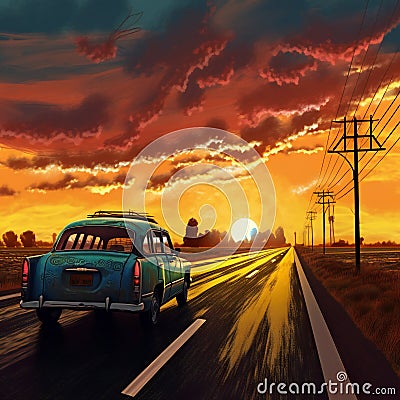 Driving into the sunset surrealism art style, travel, destination scenics Cartoon Illustration