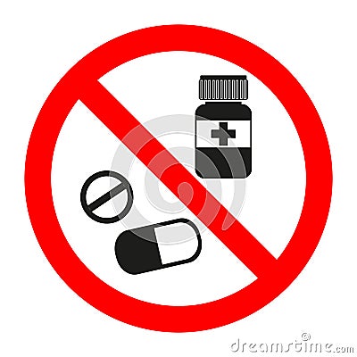 Drugs icon in prohibition red circle, No doping ban or stop sign, medicine forbidden symbol. Vector Illustration