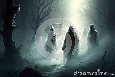 Ghosts Roaming the Lands at Night Cartoon Illustration