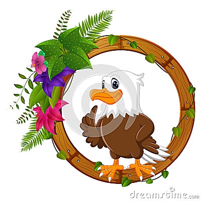 Eagle on round wood frame with flower Vector Illustration