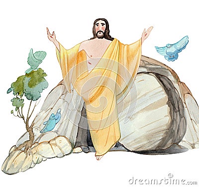 Illustration of Easter Jesus Christ is risen, coffin, cave of resurrection, isolated on white background watercolor hand drawn Stock Photo