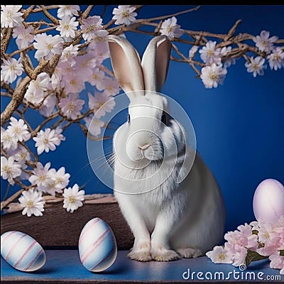 an illustration with an Easter white rabbit near a branches of a flowering apple tree and multicolored eggs on a blue background Cartoon Illustration