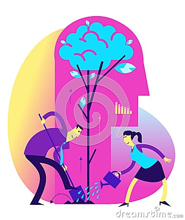 Ecological illustration. Earth day. Man and woman water, care for, and take care of the tree. Silhouette of a man`s head with a g Vector Illustration