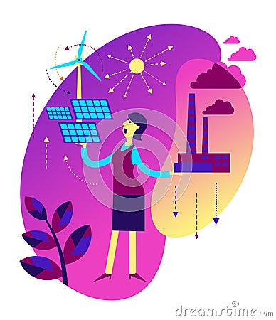 Ecological illustration. Woman chooses between polluting and clean energy. Alternative types of energy. Eco city. Global warming. Vector Illustration