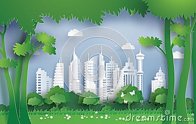 Illustration of ecology and environment with green city. Vector Illustration