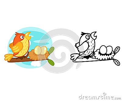 Illustration of educational coloring book cartoon nightingale Vector Illustration