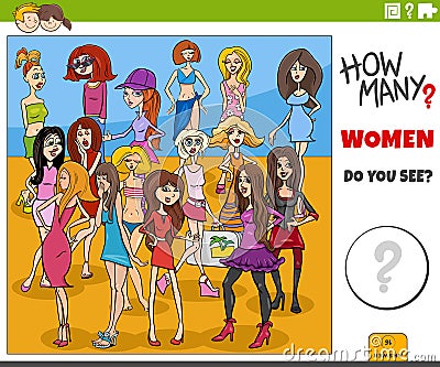 Counting cartoon women characters educational game Vector Illustration