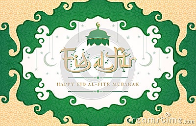 Illustration of Eid Al-Fitr or happy eid mubarak, with typography arabic fonts model, applicable for greeting cards, banner, Vector Illustration