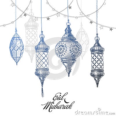 Illustration of Eid mubarak. Beautiful islamic and arabic lantern Vector Illustration
