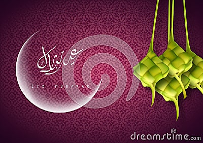 Eid Mubarak greetings with crescent arabic calligraphy and Hanging Ketupat Vector Illustration