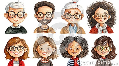 Illustration of eight people& x27;s faces with various hairstyles and glasses. Stock Photo