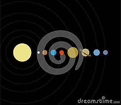 Illustration of eight planets in the solar system, against a black background Cartoon Illustration