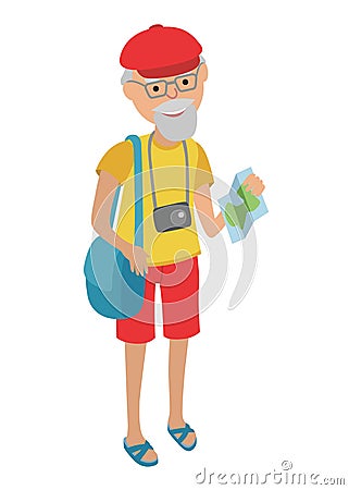 Illustration of elderly man tourist on white background in flat style. Grandfather holding bags and booklet in his hands. Vector Illustration