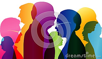 Dialogue between old people. Group of old people talking. Conversation in mature age. Colored silhouette profile. Multiple exposur Stock Photo