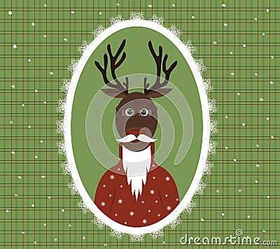 Illustration of an elderly stag with a beard, glasses and a cardigan in a patterned frame Vector Illustration