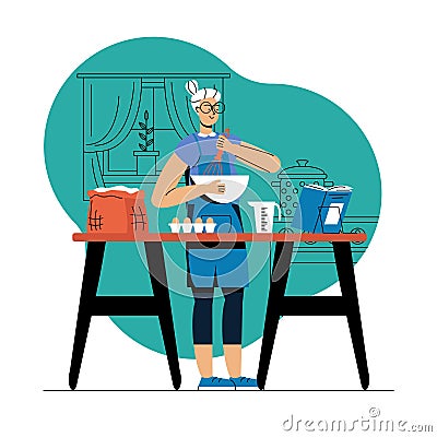 Illustration of elderly woman cooks recipe from book in kitchen Vector Illustration