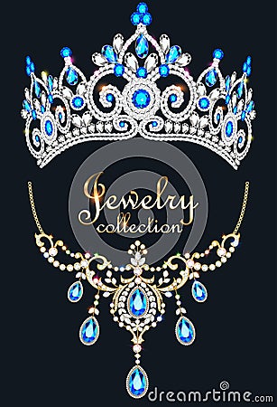 elegant necklace and diadem with precious stones and the inscription jewelry collection Vector Illustration