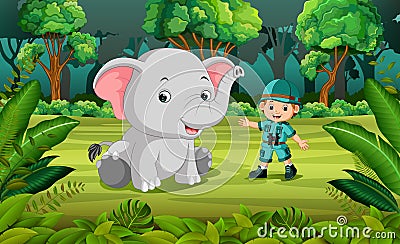 Elephant and adventurer in the jungle Vector Illustration