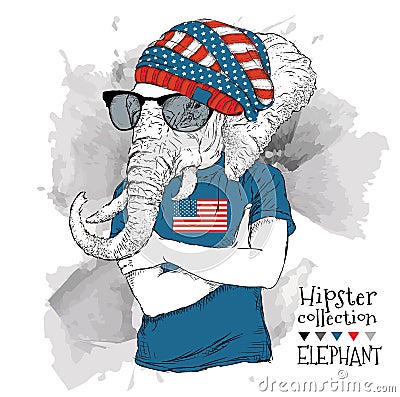 Illustration of elephant dressed up in the glasses and in the t-shirt with print of USA flag. Vector illustration. Vector Illustration