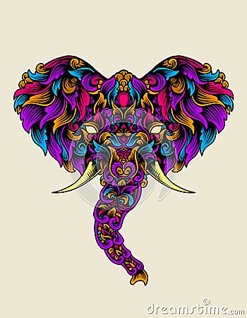 Illustration elephant head with vintage colorful ornament Vector Illustration