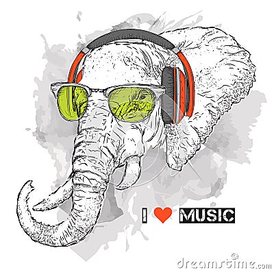 Illustration of elephant hipster dressed up in t-shirt, pants and in the glasses and headphones. Vector illustration. Vector Illustration