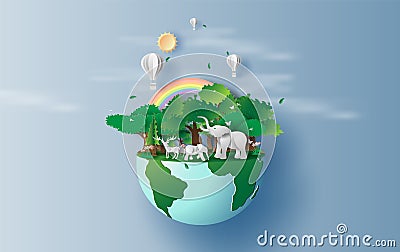 Illustration of elephants in forest,Creative Origami design world environment and earth day paper cut and craft concept.Landscape Vector Illustration