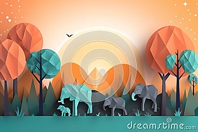 Illustration of elephants in forest, Creative Origami design world environment and earth day paper cut. Generative AI Stock Photo