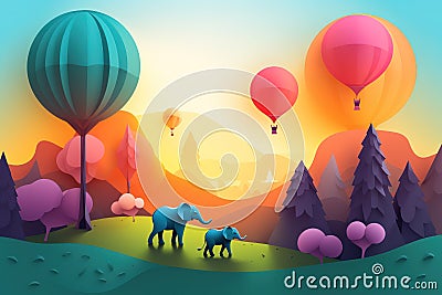 Illustration of elephants in forest, Creative Origami design world environment and earth day paper cut. Generative AI Stock Photo