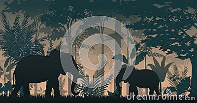 Elephants silhouette at the inside forest Vector Illustration