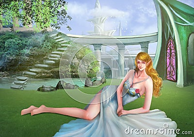 Illustration: The Elf in her Magical Garden. Stock Photo