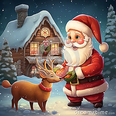 Illustration of an endearing Santa Claus petting a cute Rudolph the Red-Nosed Reindeer. Generative ai Stock Photo