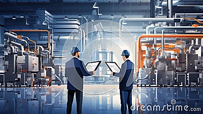 Illustration of engineers reviewing plans in modern industrial plant Stock Photo