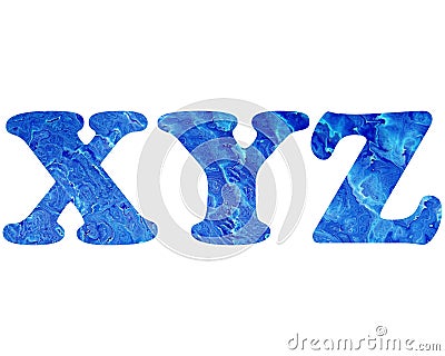 Illustration of the English letters XYZ in a blue pattern on a white background Cartoon Illustration