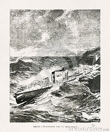 19th century illustration of a Torpedo boat in heavy weather Stock Photo