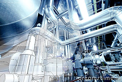 Illustration of Equipment, cables and piping inside power plant Stock Photo