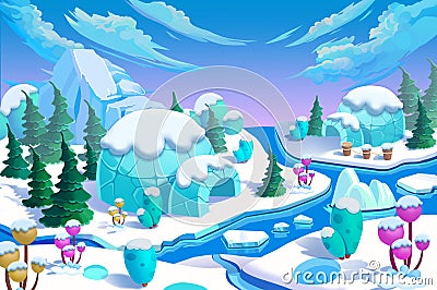 Illustration: The Eskimo Igloo Town. The Bridge, The Ice River, The Ice Mountain, The Ice Flowers, The Green Pine Trees. Stock Photo