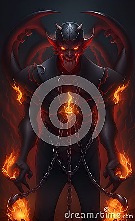 illustration with evil demon with flames and skull Cartoon Illustration