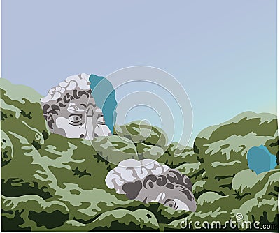 Illustration of the exhibition of the head of David. Parts of the ancient statue lie on mossy mountains. Turquoise color Vector Illustration