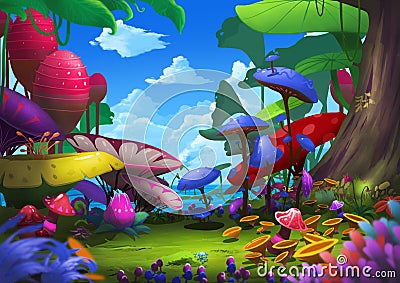 Illustration: Exotic Forest with Strange and Beautiful Things. Stock Photo