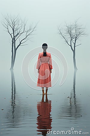 Woman in red dress standing with her back in water between trees. Gloomy atmosphere. Mental health psychology identity Stock Photo