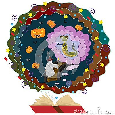 Illustration for the fairy tale book The wizard and monster in the cave in Halloween Vector Illustration