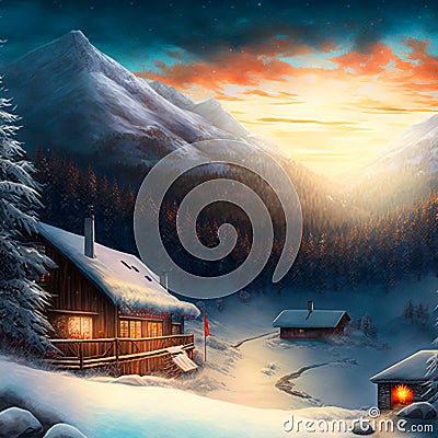 Winter village decorated for Christmas Stock Photo