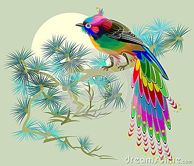 Illustration of fairyland little bird sitting on a branch of pine. Vector Illustration