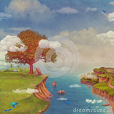Illustration of a fairytale fantastic forest ,houses, lake ,sky and big tree in sky Stock Photo
