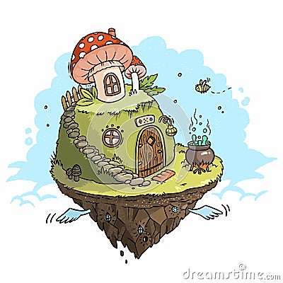 Illustration of fairytale flying island with mushrooms Vector Illustration