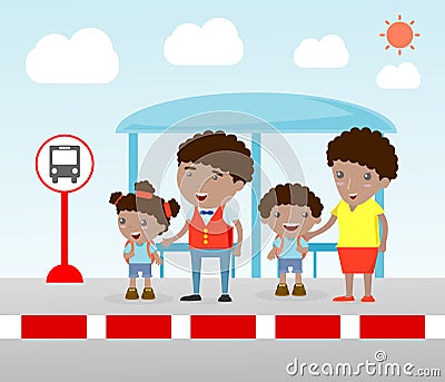 Illustration of the Family at the bus stop, A vector illustration of Family waiting at a bus stop Vector Illustration