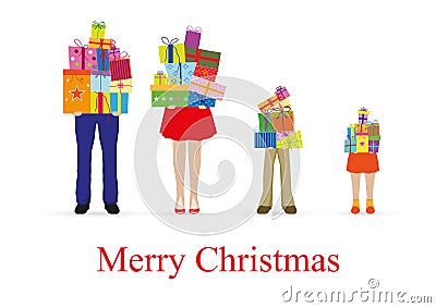 Illustration of family carrying too many gifts in their arms with words Merry Christmas` at bottom` Cartoon Illustration