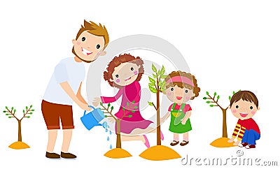 Family plant trees in the park. Vector Illustration