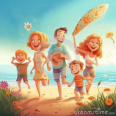 illustration of a family summer vacation on the beachfront 1 Cartoon Illustration